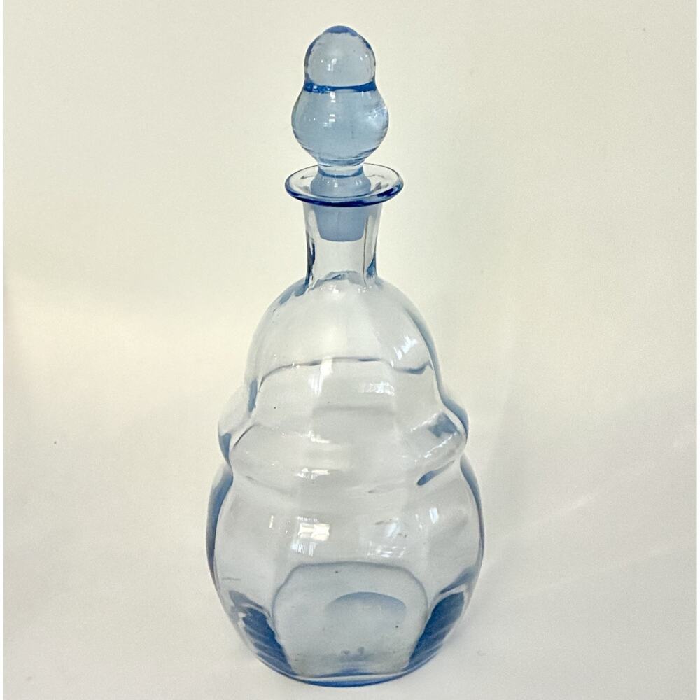 Light Blue Glow Beehive Art Deco Blown Glass Carafe Decanter 8” T